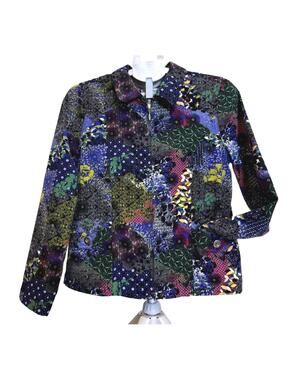 CHRISTOPHER BANKS JACKET S FRONT ZIP FLORAL ABSTRACT PATCHWORK BLAZER  BOHO BLUE